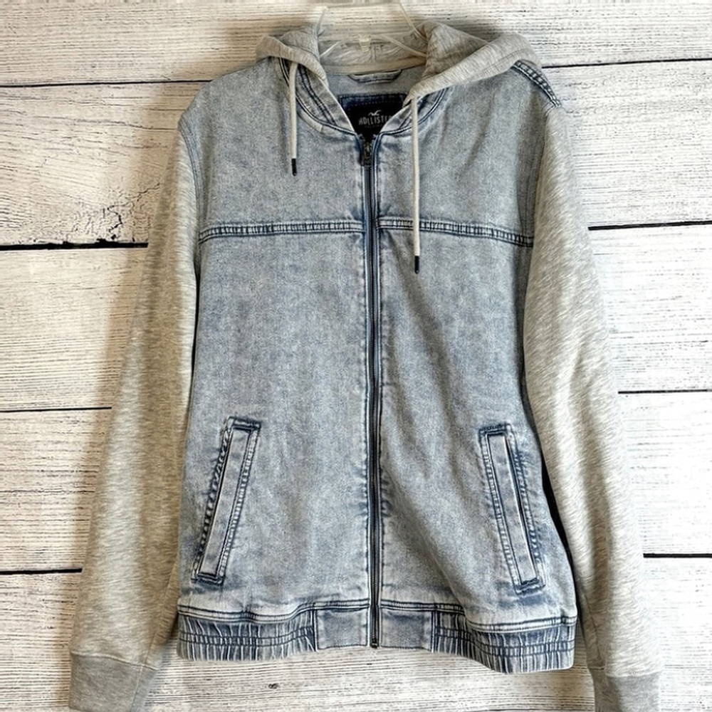 Hollister Blue Jean Denim Jacket Mens Large Epic Flex Hoodie Gray Hood Sleeves